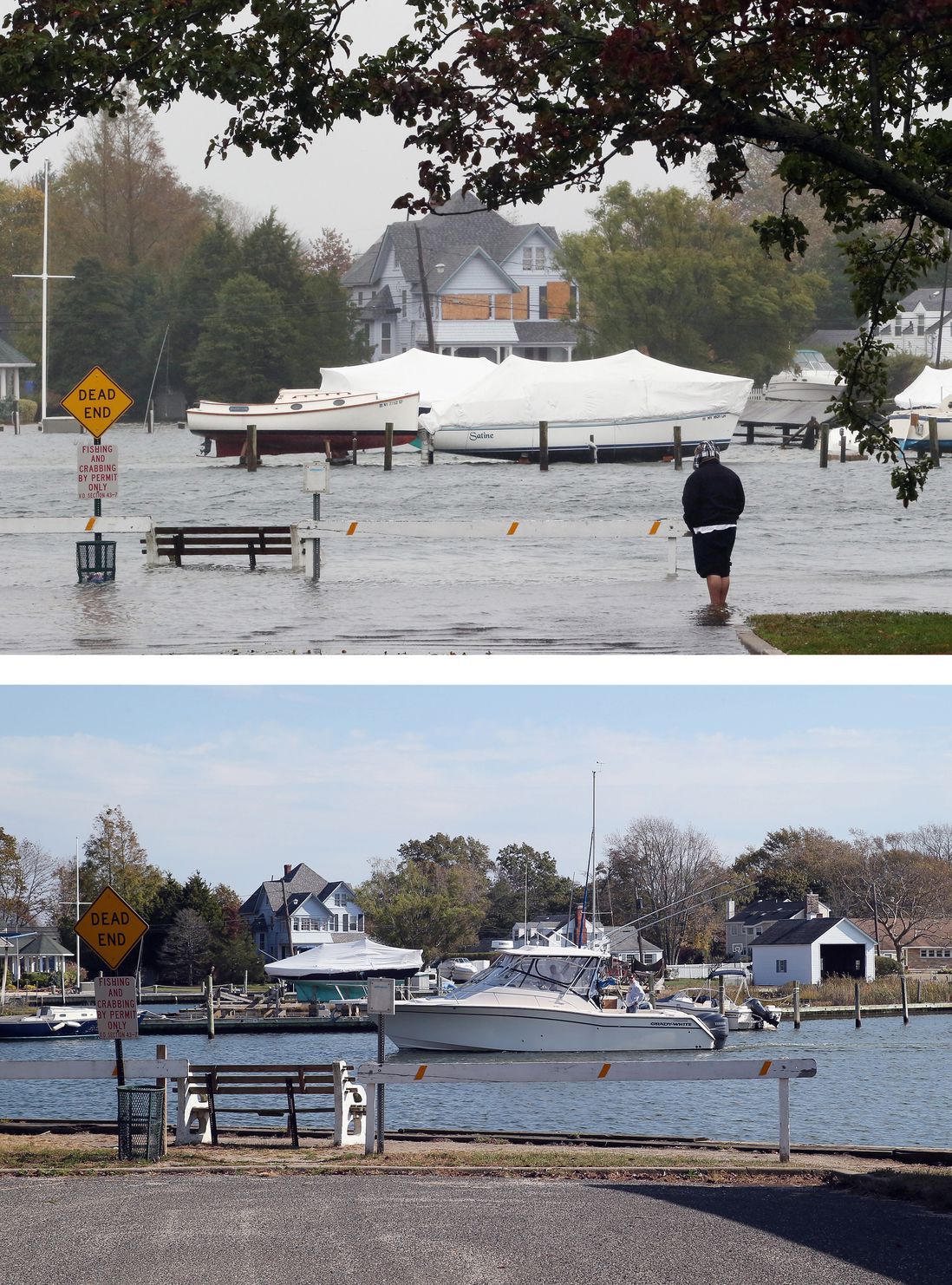 [Top] A visitor braves the elements on a partially submerged Coles Avenue as high tide and winds flood the streets on October 29, 2012 in Amityville, New York. [Bottom] A boat floats in the water off Coles Avenue on October 22, 2013 in Amityville, New York.